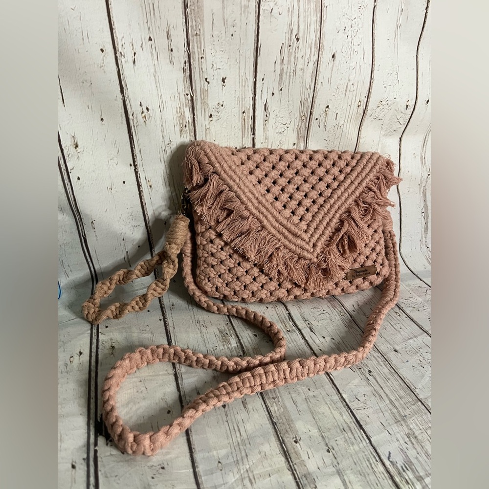 Handmade Pink Crocheted Macrame Boho Crossbody Bag Purse Braided Strap